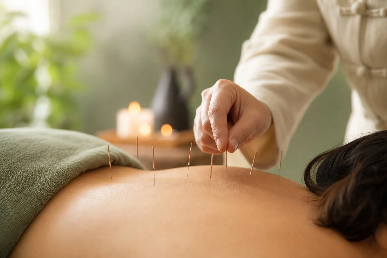 Acupuncture needles placed along the back during a treatment at Margo's Clinic in Toronto