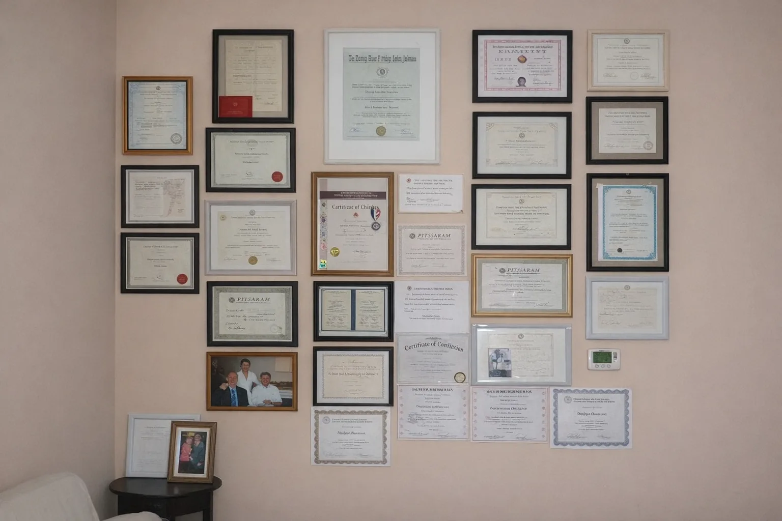 Diplomas and certificates of Margaryta Goncharenko on the clinic wall
