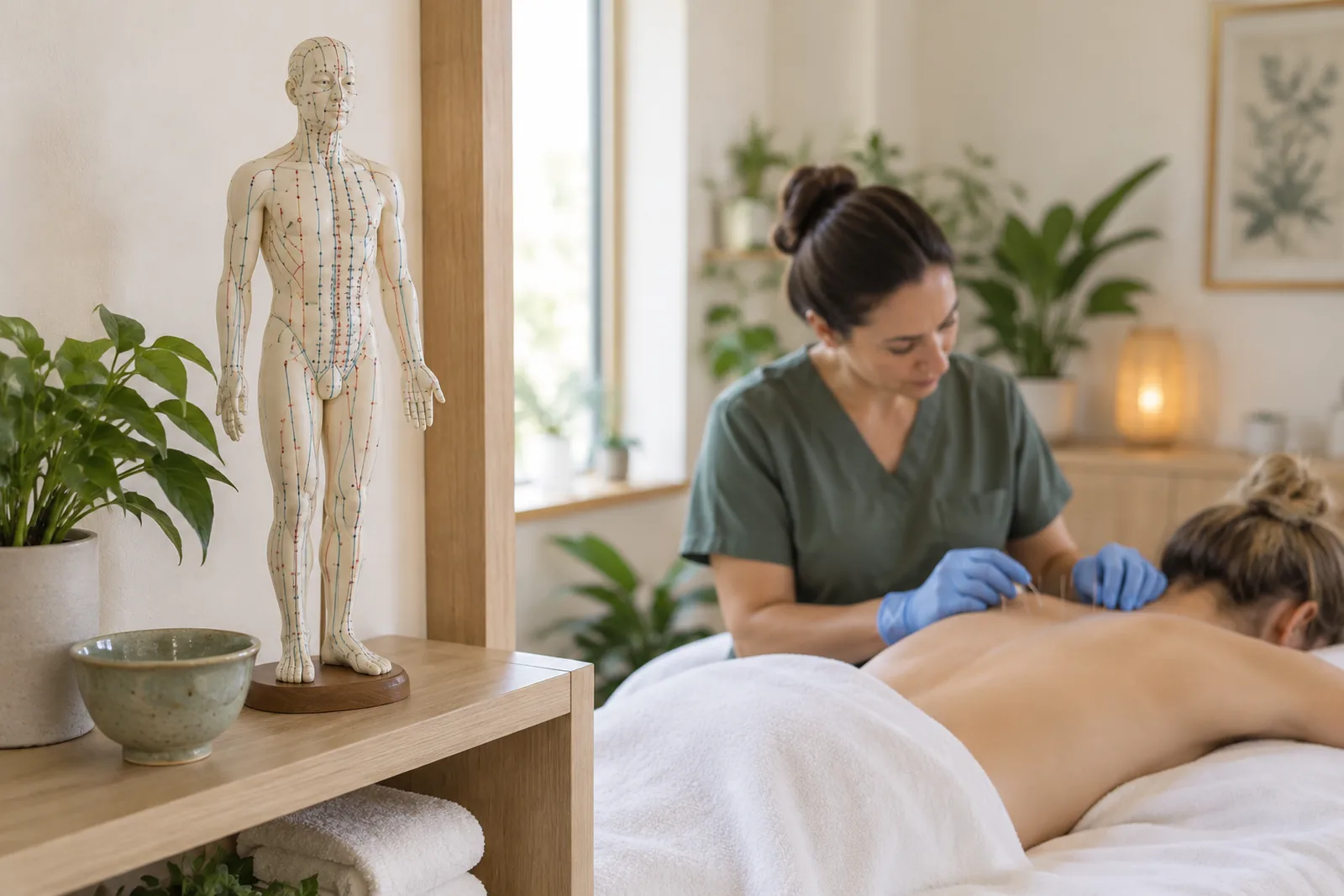 Acupuncture anatomy figurine showing the meridian channels on a wooden shelf in a treatment room