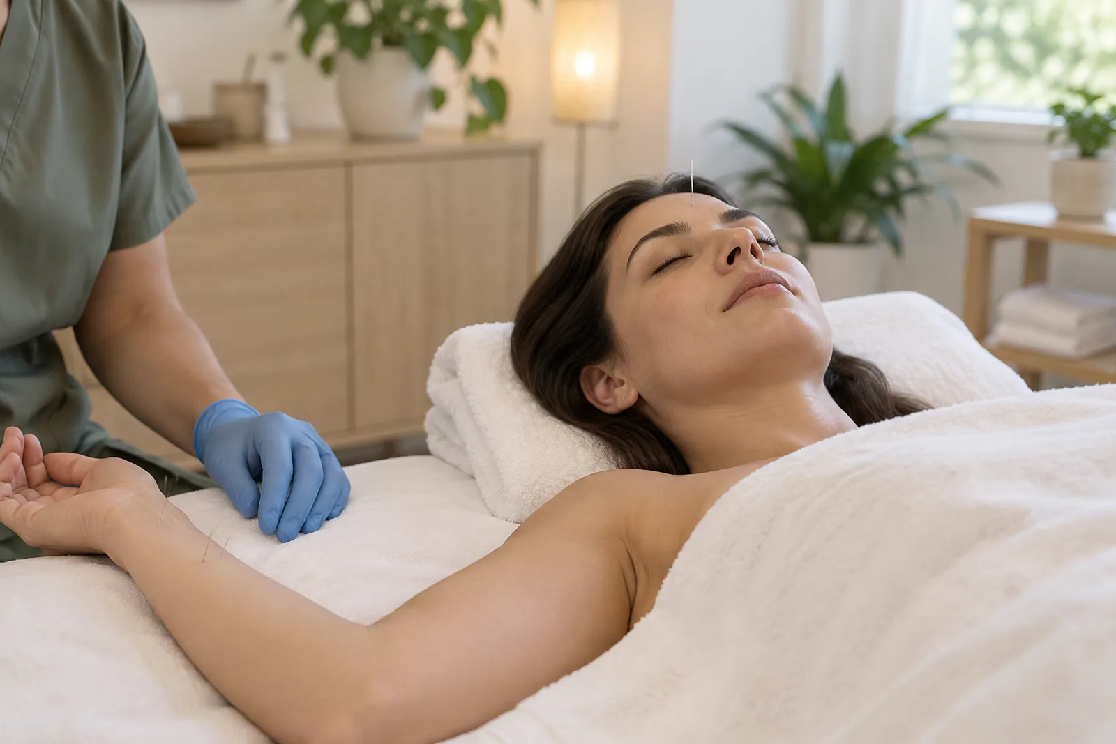 Relaxed woman lying on a treatment table with fine acupuncture needles between the eyebrows and on the inner wrist during an anxiety session