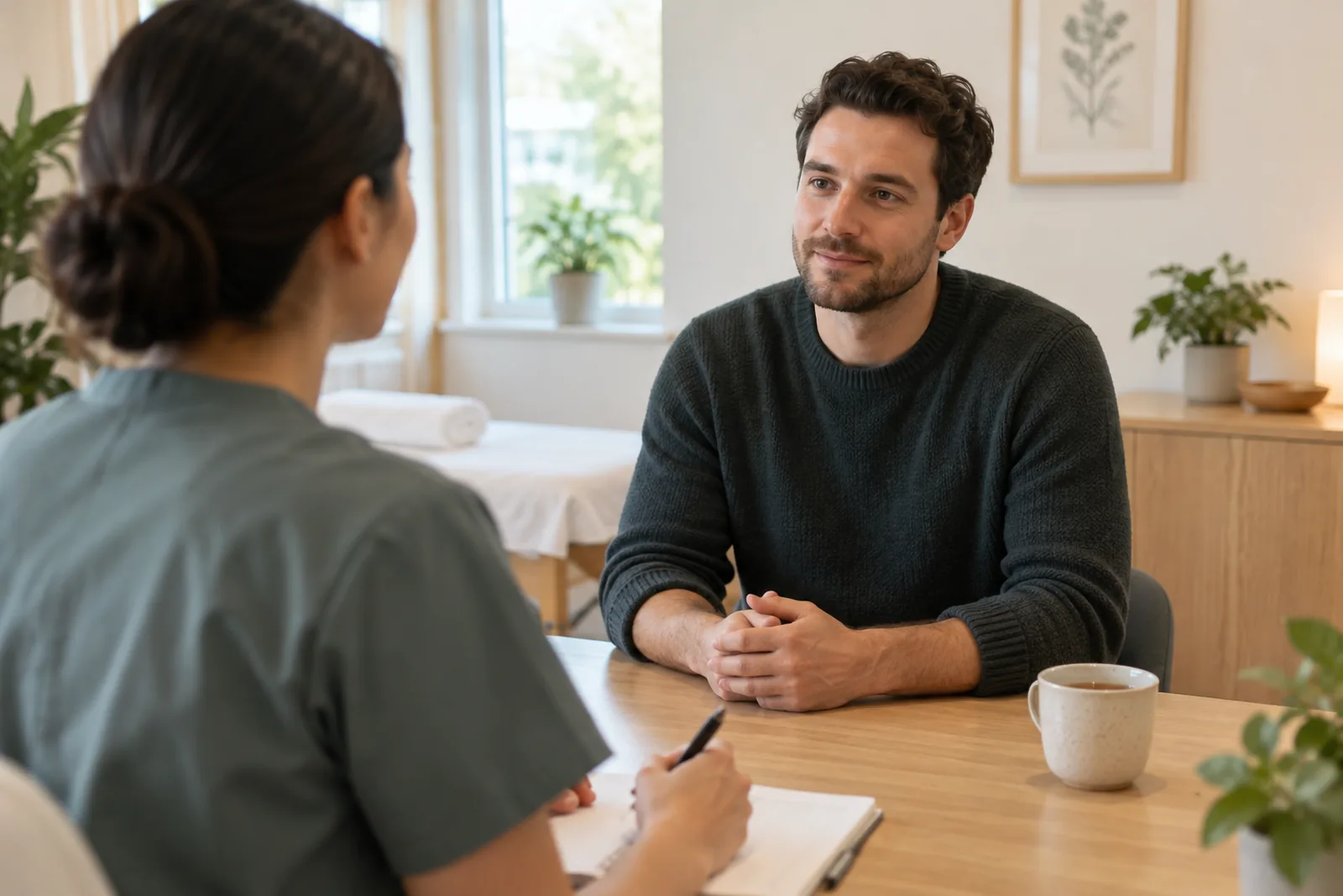 Man discussing stress and anxiety symptoms with an acupuncturist during a consultation at a Toronto clinic