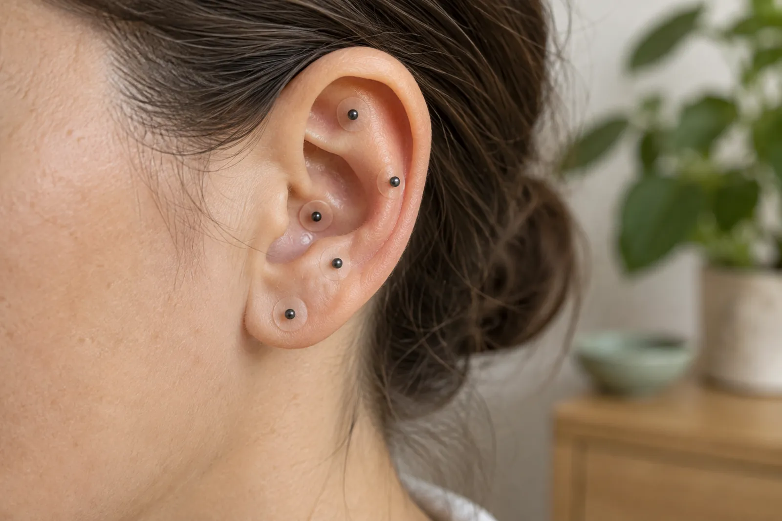 Close-up of auricular acupressure ear seeds on the outer ear, used to help with cravings between visits
