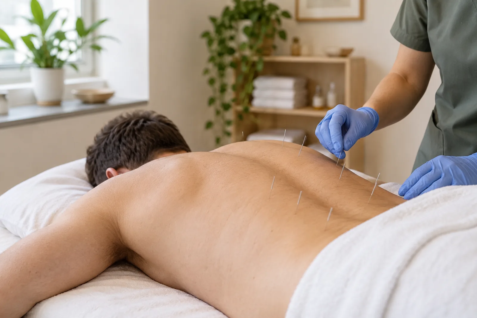 Man lying face down with fine acupuncture needles along the lower back muscles during back pain treatment