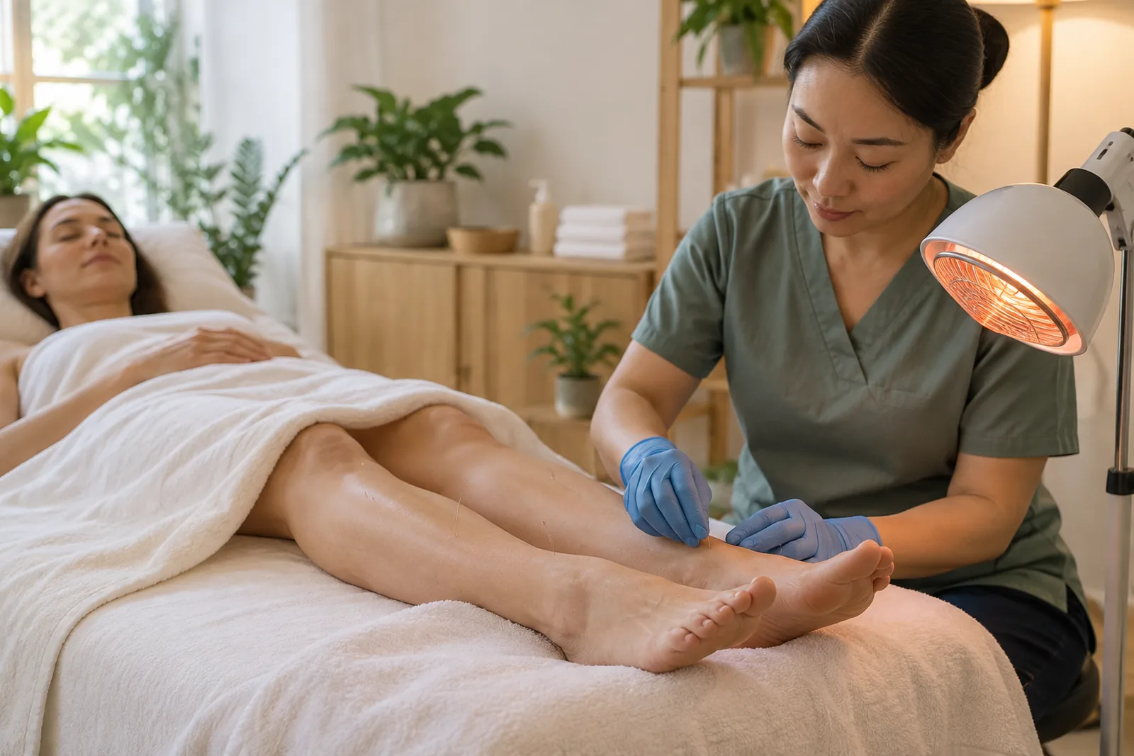 Woman relaxing with fine acupuncture needles on the lower legs and feet under a warming lamp during a detox treatment