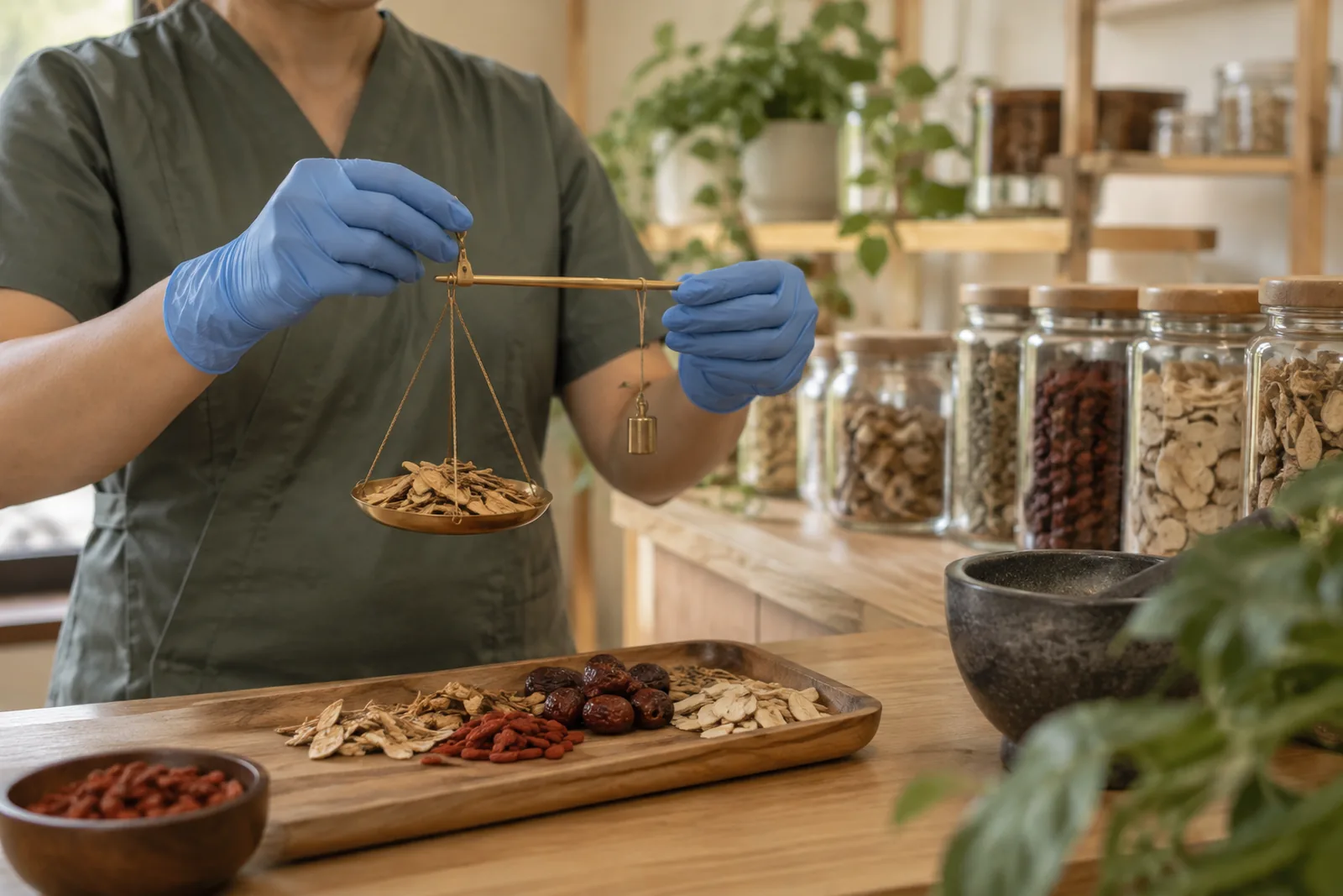 Practitioner weighing dried Chinese herbs on a brass scale, with apothecary jars of herbs in the background