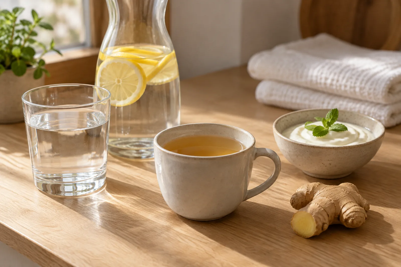 Glass of lemon water, ginger tea and yogurt arranged on a wooden counter, recommended after a colon hydrotherapy session