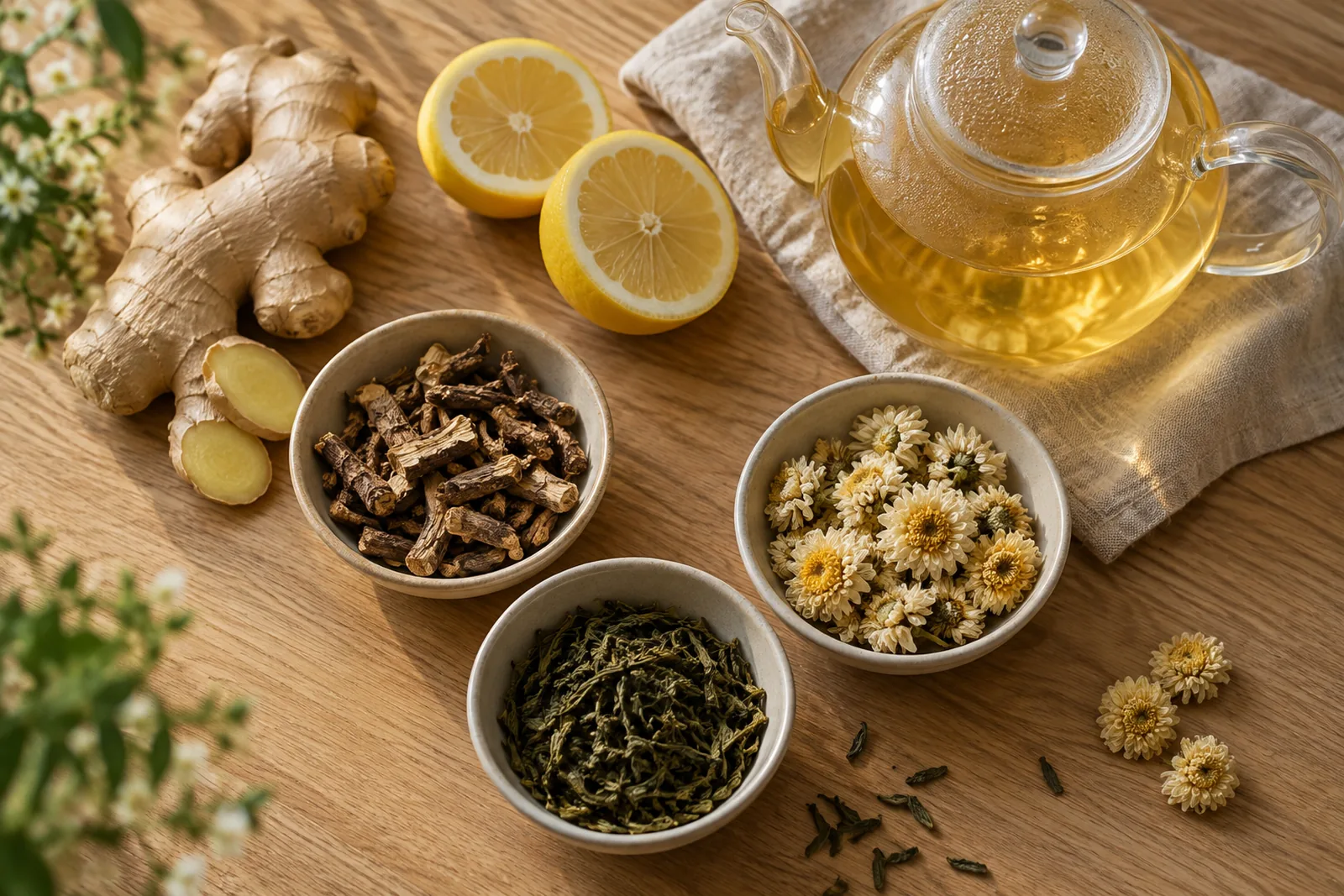 Detox ingredients including ginger, lemon, dandelion root, green tea and chrysanthemum with a glass teapot of herbal tea