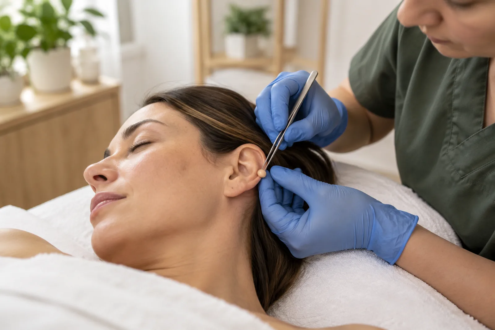Practitioner using tweezers to apply a small acupressure ear seed to a patient's outer ear to help with cigarette cravings