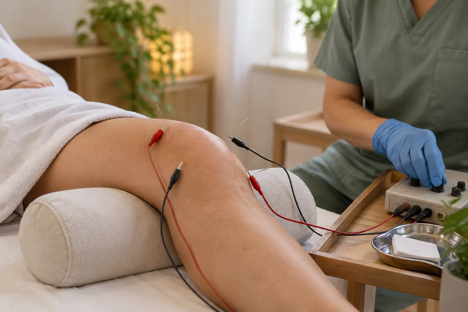 Electro-acupuncture for knee pain, with fine needles around the knee connected to a small stimulator