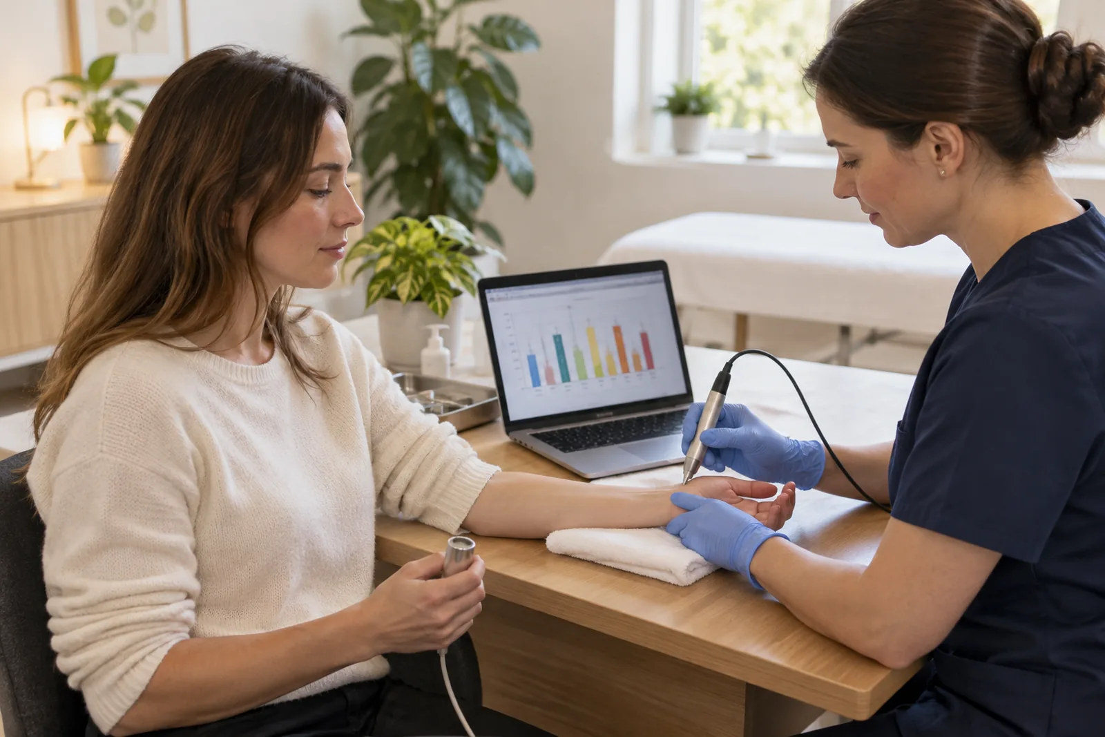 Practitioner measuring skin conductance at a wrist point with a pen-shaped probe during an Electro-Meridian Imaging assessment
