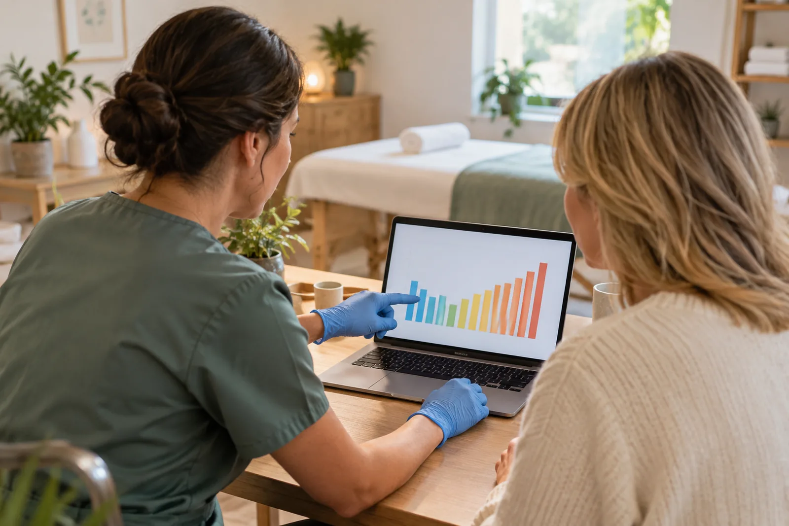 Acupuncturist reviewing an Electro-Meridian Imaging bar chart with a patient on a laptop