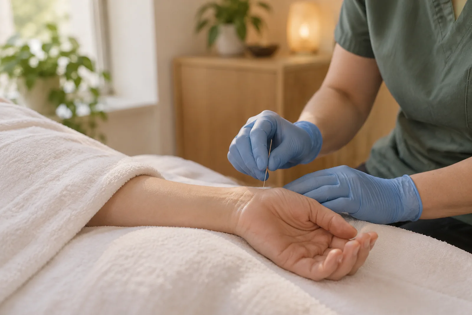Acupuncturist's gloved hands placing a fine needle at the Shenmen point on the inner wrist crease for insomnia