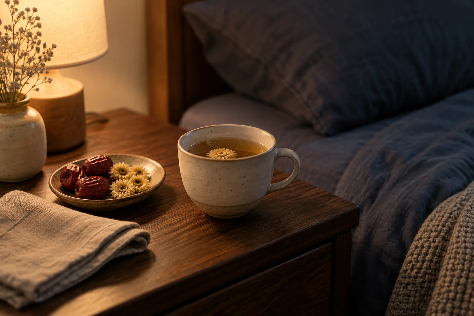 Cup of warm herbal tea with jujube dates and chrysanthemum on a bedside table in the evening
