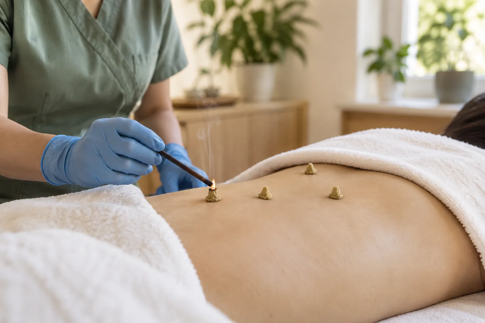 Tiny cones of mugwort moxa on a patient's back during a Japanese moxibustion treatment