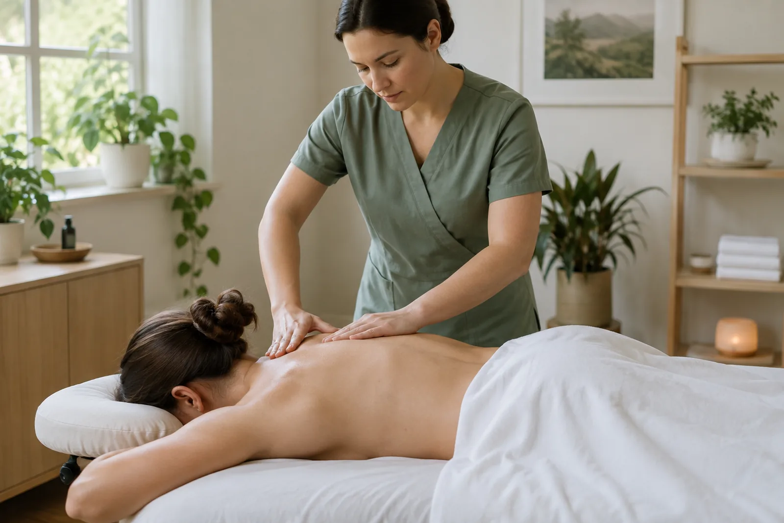 Massage therapist working on a client's upper back and shoulders on a massage table