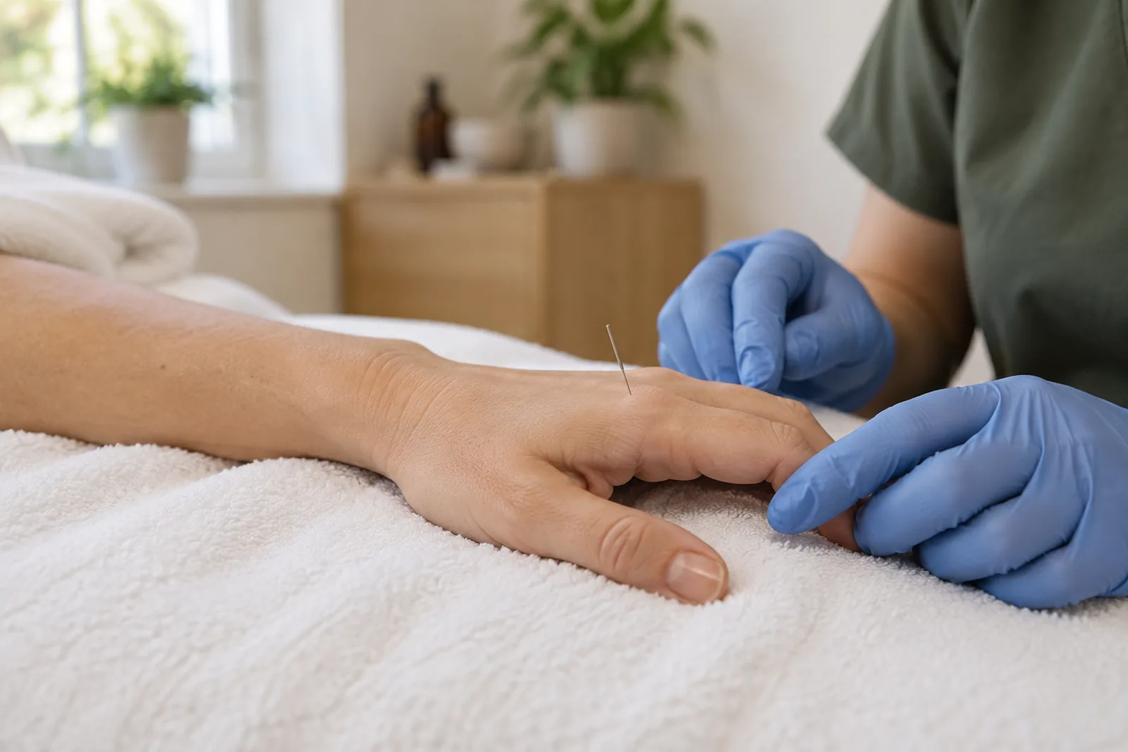 Fine acupuncture needle at the Hegu point between the thumb and index finger, used for headaches