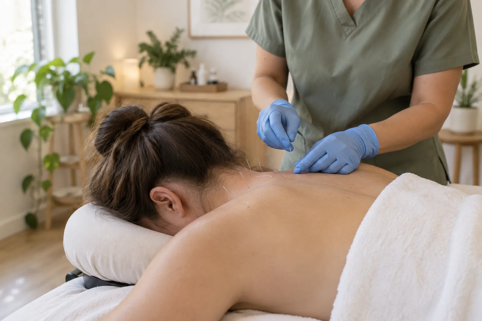 Woman receiving acupuncture at the base of the skull and shoulders for migraine and tension headaches