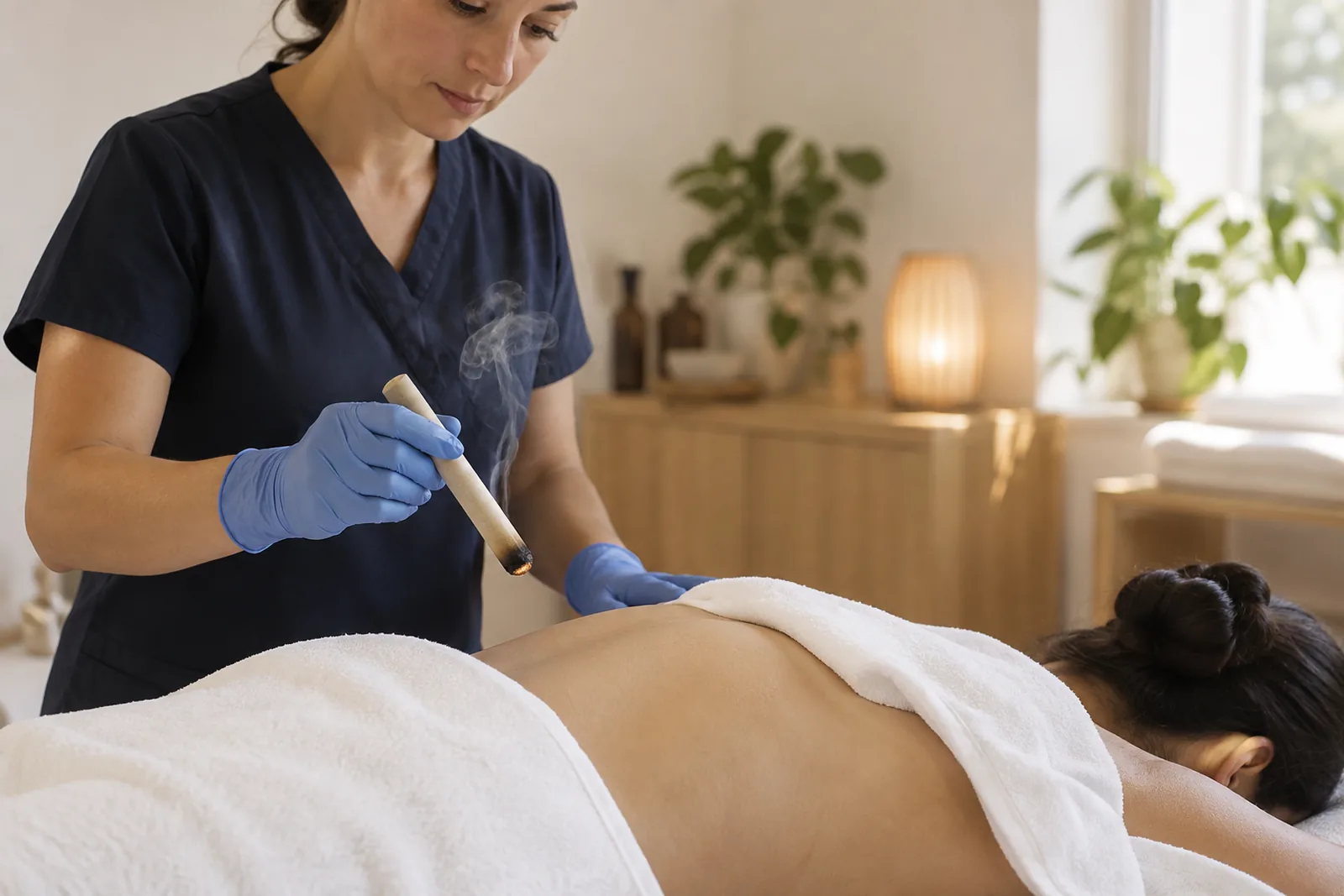 Practitioner holding a lit moxa stick above a patient's lower back during moxibustion for pain