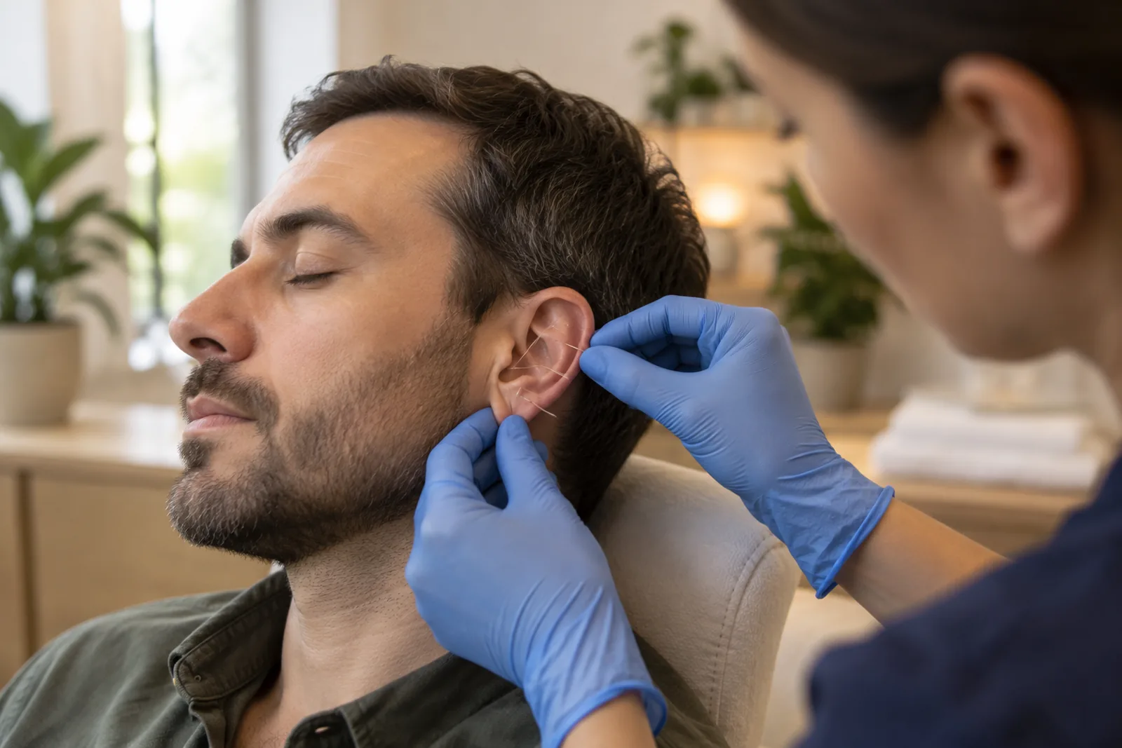 Close-up of five fine acupuncture needles placed in the outer ear following the NADA protocol for quitting smoking