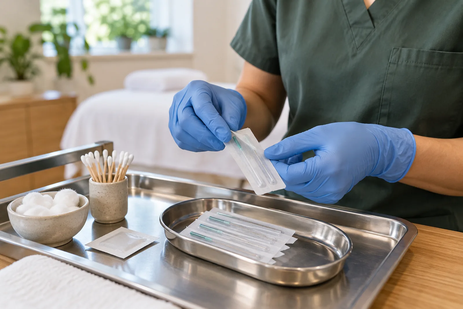 Gloved hands opening sealed single-use sterile acupuncture needles with guide tubes on a stainless steel tray