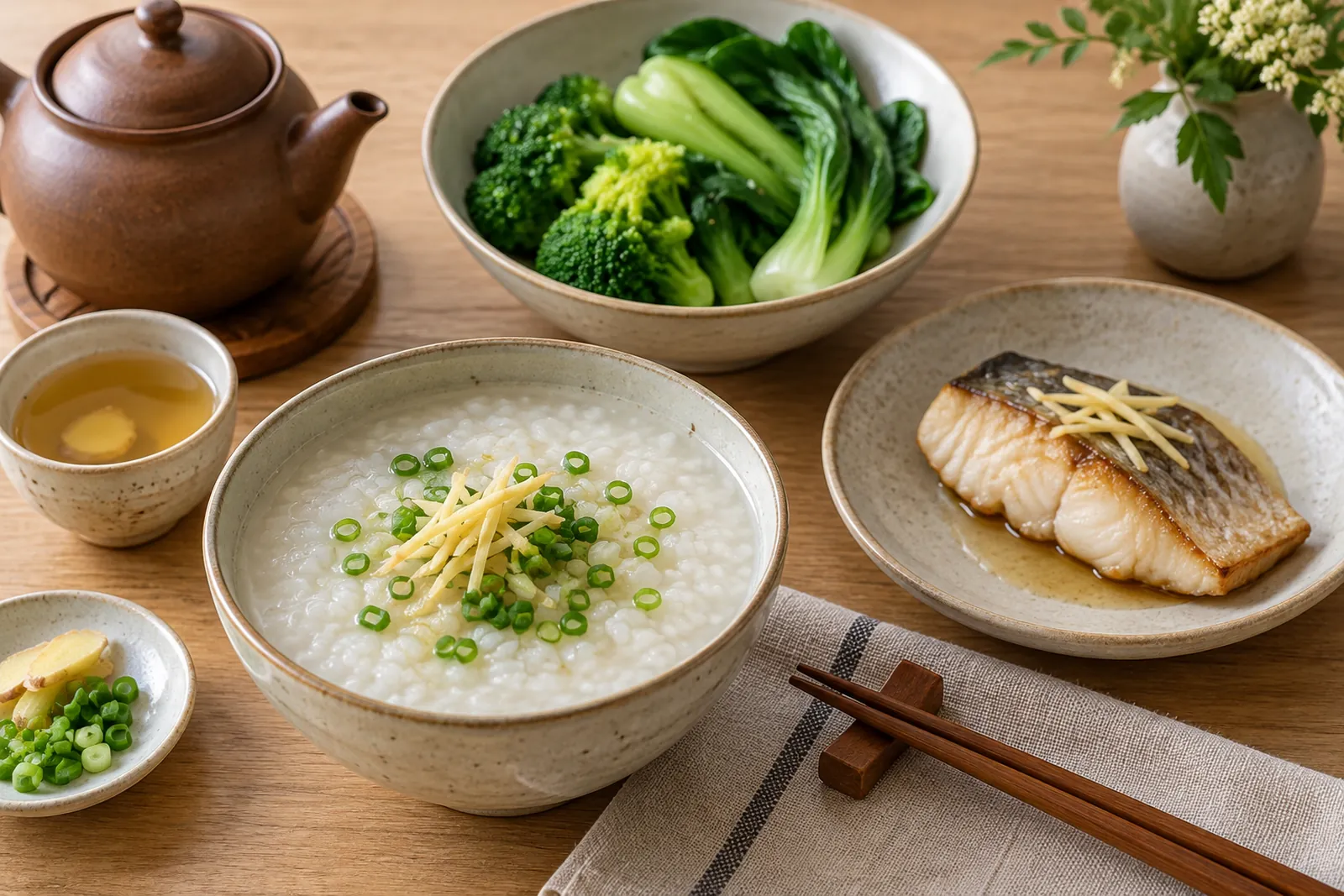 Warm, balanced meal of rice congee with ginger, steamed bok choy and broccoli, baked fish and ginger tea